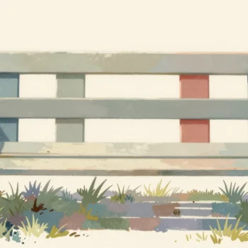 Gouache painting: a garden bench seen from the front has five slat positions