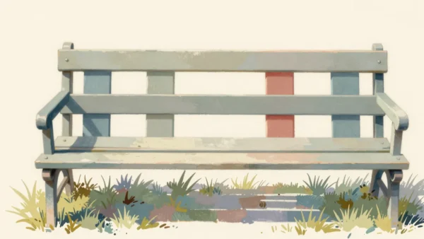 Gouache painting: a garden bench seen from the front has five slat positions