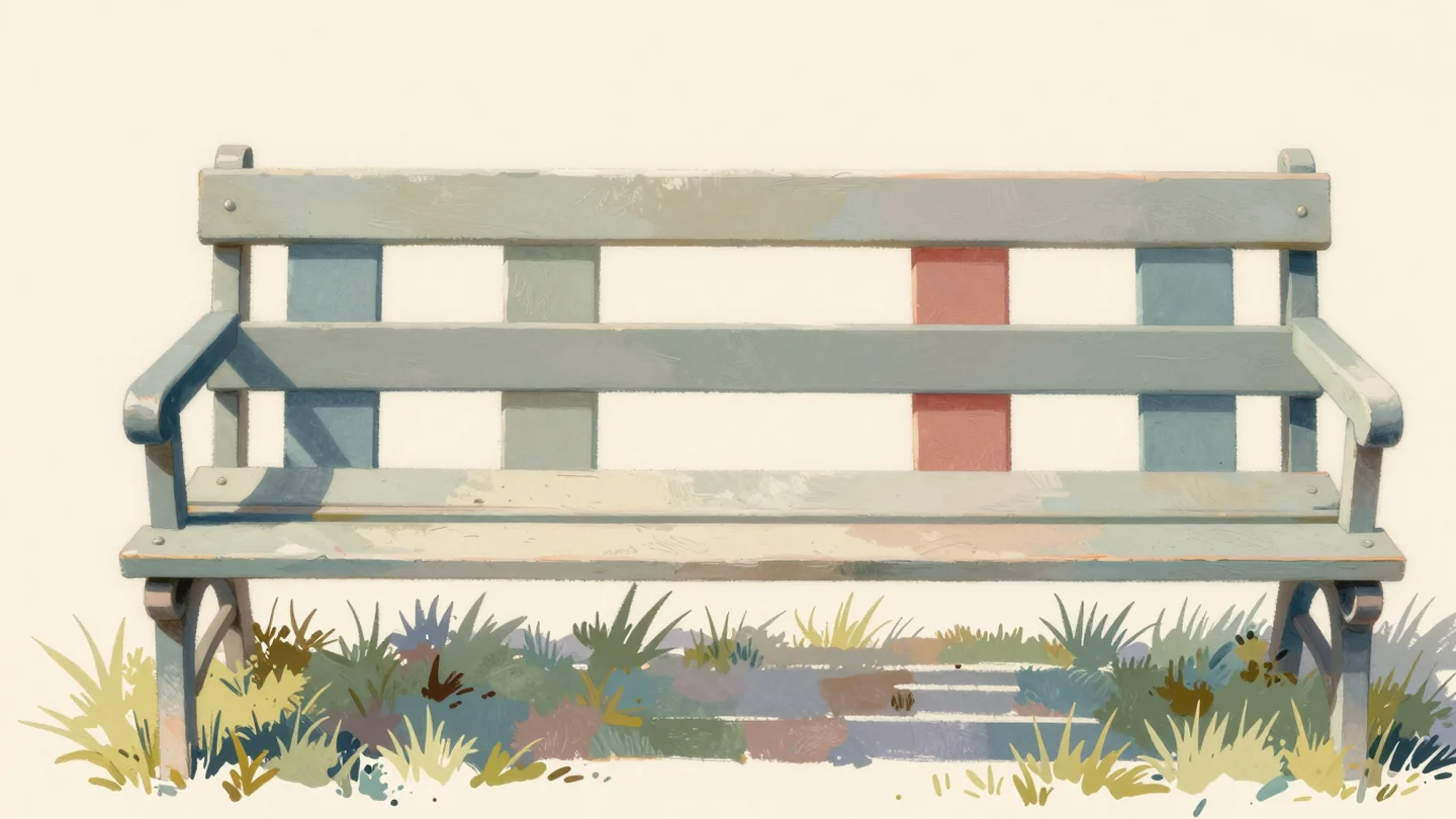 Gouache painting: a garden bench seen from the front has five slat positions
