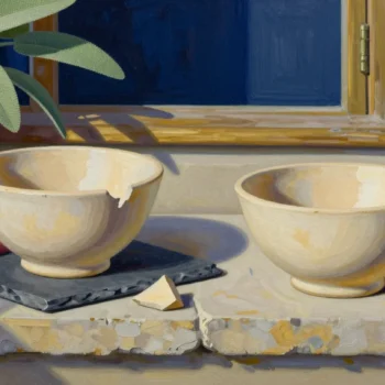 A damaged clay bowl and its separate fragment sit beside an intact empty bowl