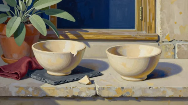 A damaged clay bowl and its separate fragment sit beside an intact empty bowl