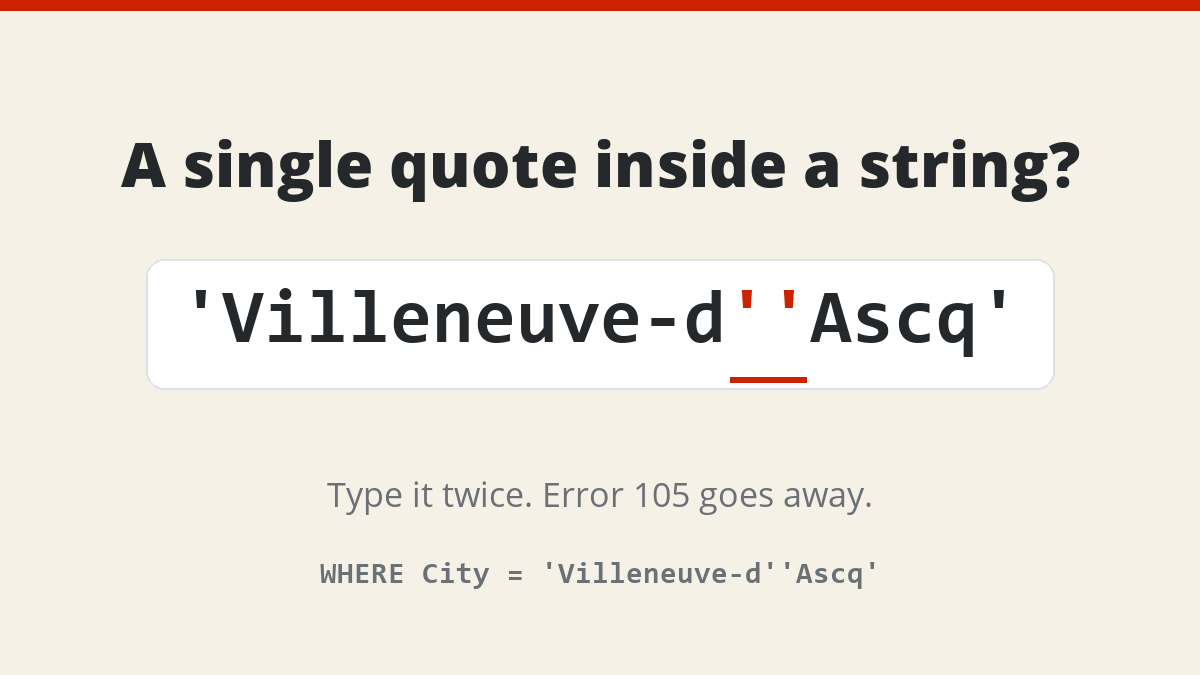 Escaping a single quote in SQL Server: 'Villeneuve-d''Ascq' with the doubled quote in red