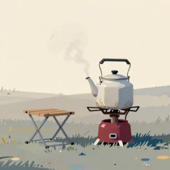 An old enamel teapot heating on a small camping stove in a meadow at dawn, steam starting to rise.