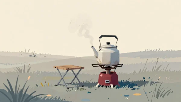 An old enamel teapot heating on a small camping stove in a meadow at dawn, steam starting to rise.