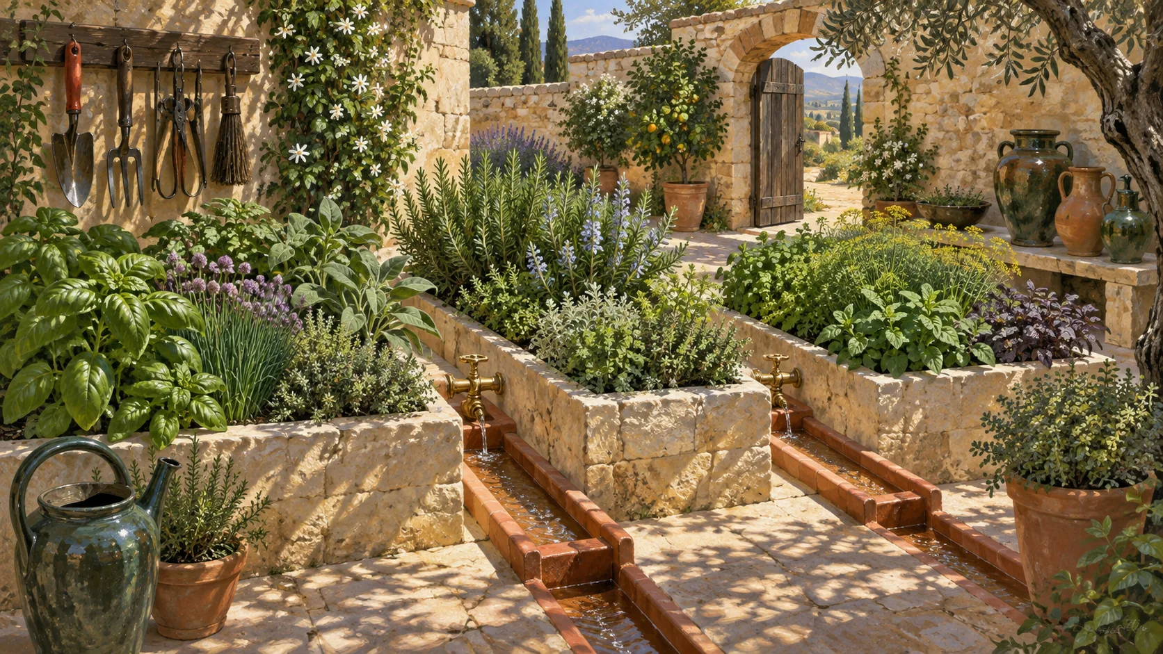 Separate stone herb beds stand beside terracotta water channels supplied by brass taps in a sunny garden.