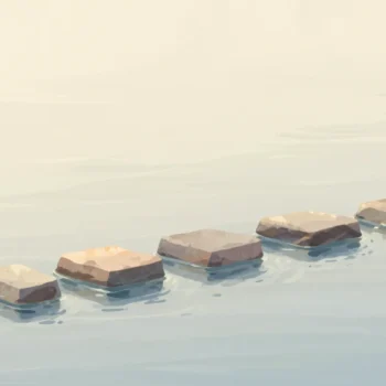 Gouache painting: on a calm river, three rows of flat stepping stones cross from the near bank to the same vermilion post on the far bank