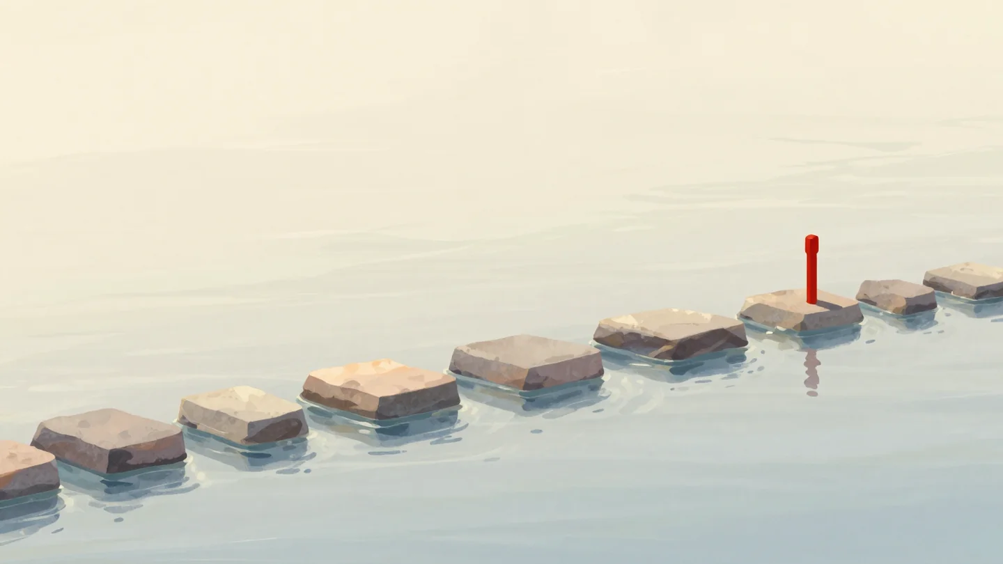 Gouache painting: on a calm river, three rows of flat stepping stones cross from the near bank to the same vermilion post on the far bank