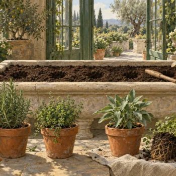 Planted terracotta herb pots, a bare-root plant and an empty pot sit in front of an unplanted stone bed.