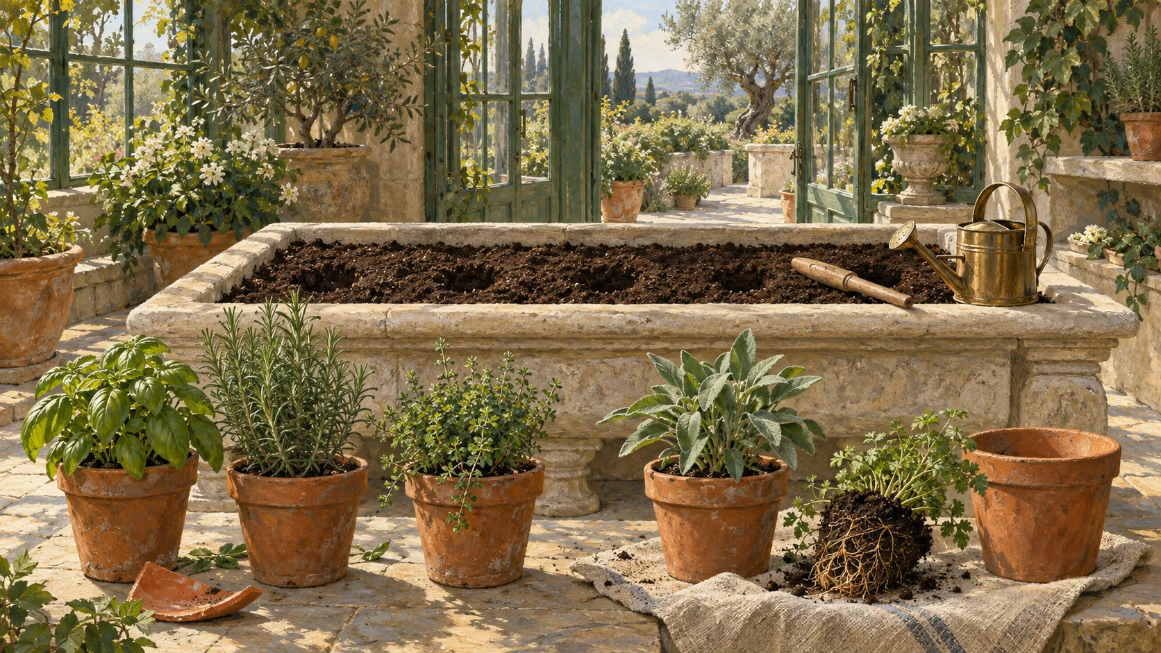 Planted terracotta herb pots, a bare-root plant and an empty pot sit in front of an unplanted stone bed.