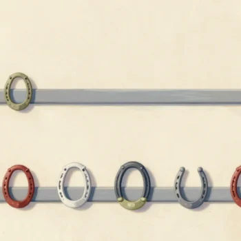 Gouache painting: two identical wall rails each carry the same five horseshoes graded from small to large, plus two bare vermilion hooks