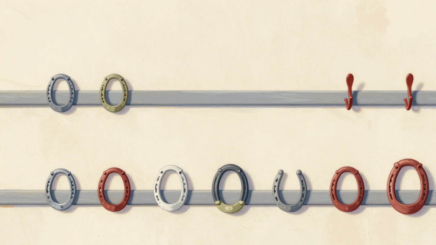 Gouache painting: two identical wall rails each carry the same five horseshoes graded from small to large, plus two bare vermilion hooks