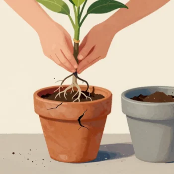 Hands lifting a root-bound plant from a cracked clay pot, a larger new pot with fresh soil waiting beside it