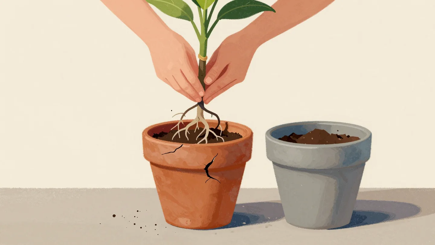 Hands lifting a root-bound plant from a cracked clay pot, a larger new pot with fresh soil waiting beside it