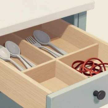 An open kitchen drawer with wooden compartments, one overflowing with tangled string while others hold cutlery.