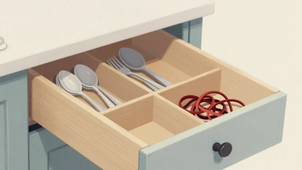 An open kitchen drawer with wooden compartments, one overflowing with tangled string while others hold cutlery.