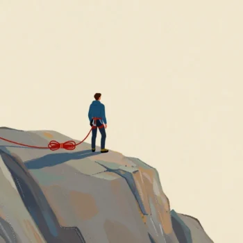A distant climber on a rocky ledge beside a red rope already anchored and coiled for the descent.