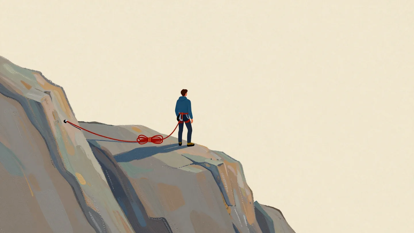A distant climber on a rocky ledge beside a red rope already anchored and coiled for the descent.