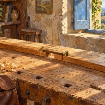 Two overlapping wooden rails share a fitted bridge on a richly painted workshop bench