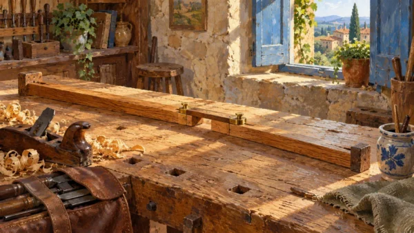 Two overlapping wooden rails share a fitted bridge on a richly painted workshop bench