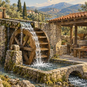 A wooden waterwheel fed by a stone water channel beside a sheltered mill workshop.