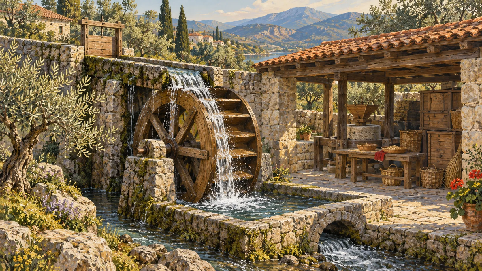 A wooden waterwheel fed by a stone water channel beside a sheltered mill workshop.