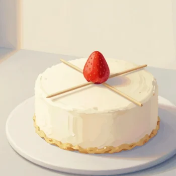 Gouache painting: seen from above, a round cake turntable holds a plain unfrosted cake