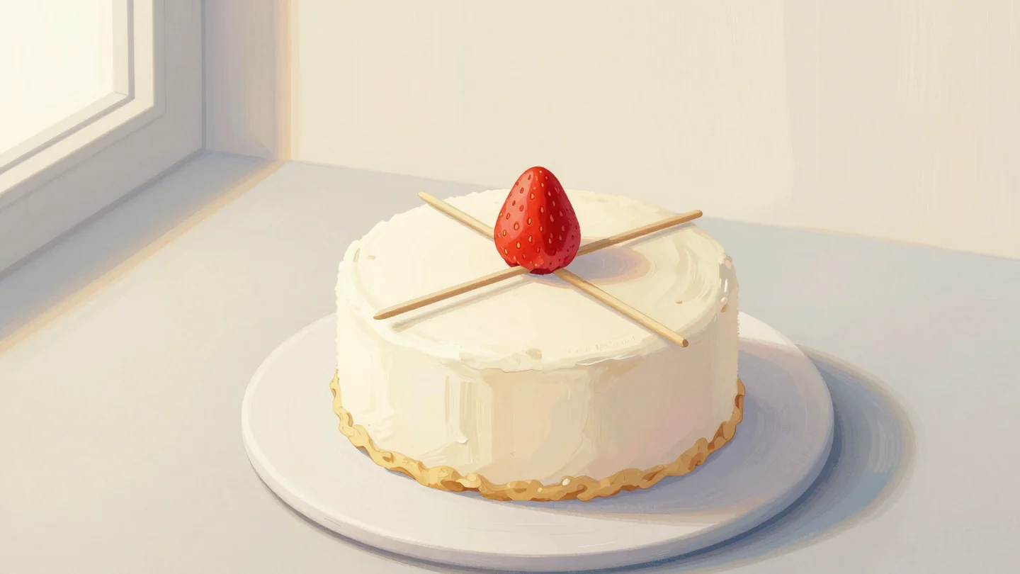Gouache painting: seen from above, a round cake turntable holds a plain unfrosted cake