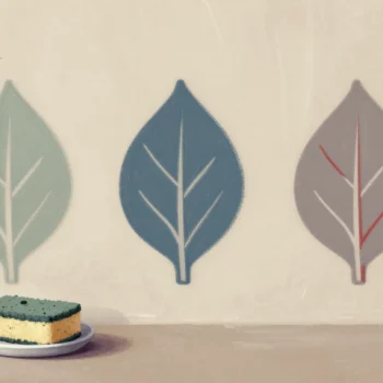 A leaf stencil taped to a plaster wall beside three identical painted sage leaves, a paint sponge on a saucer.