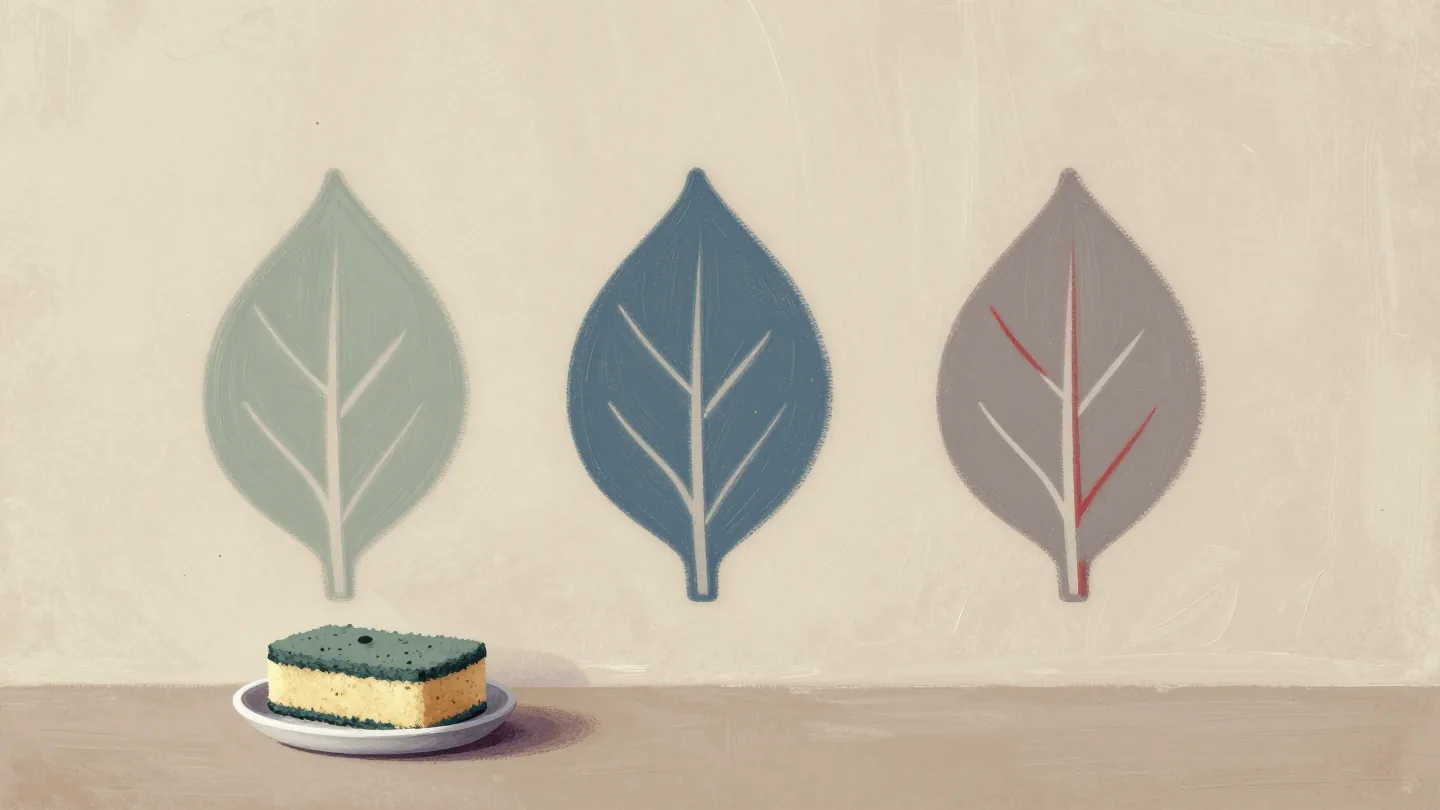 A leaf stencil taped to a plaster wall beside three identical painted sage leaves, a paint sponge on a saucer.