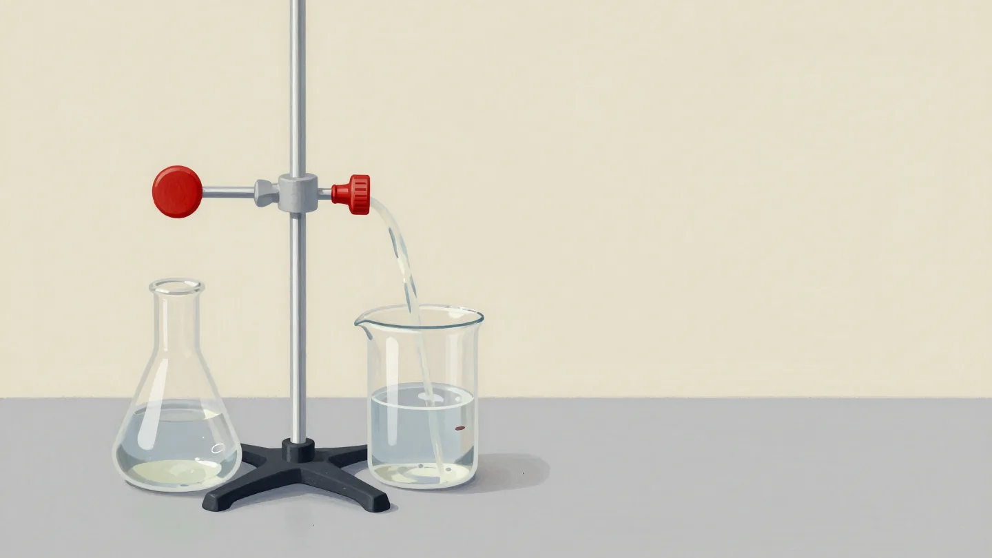 A hand turning a red stopcock between two glass flasks