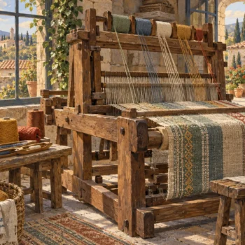 A wooden loom combines colored threads into patterned cloth, with yarn spools and folded textiles nearby.