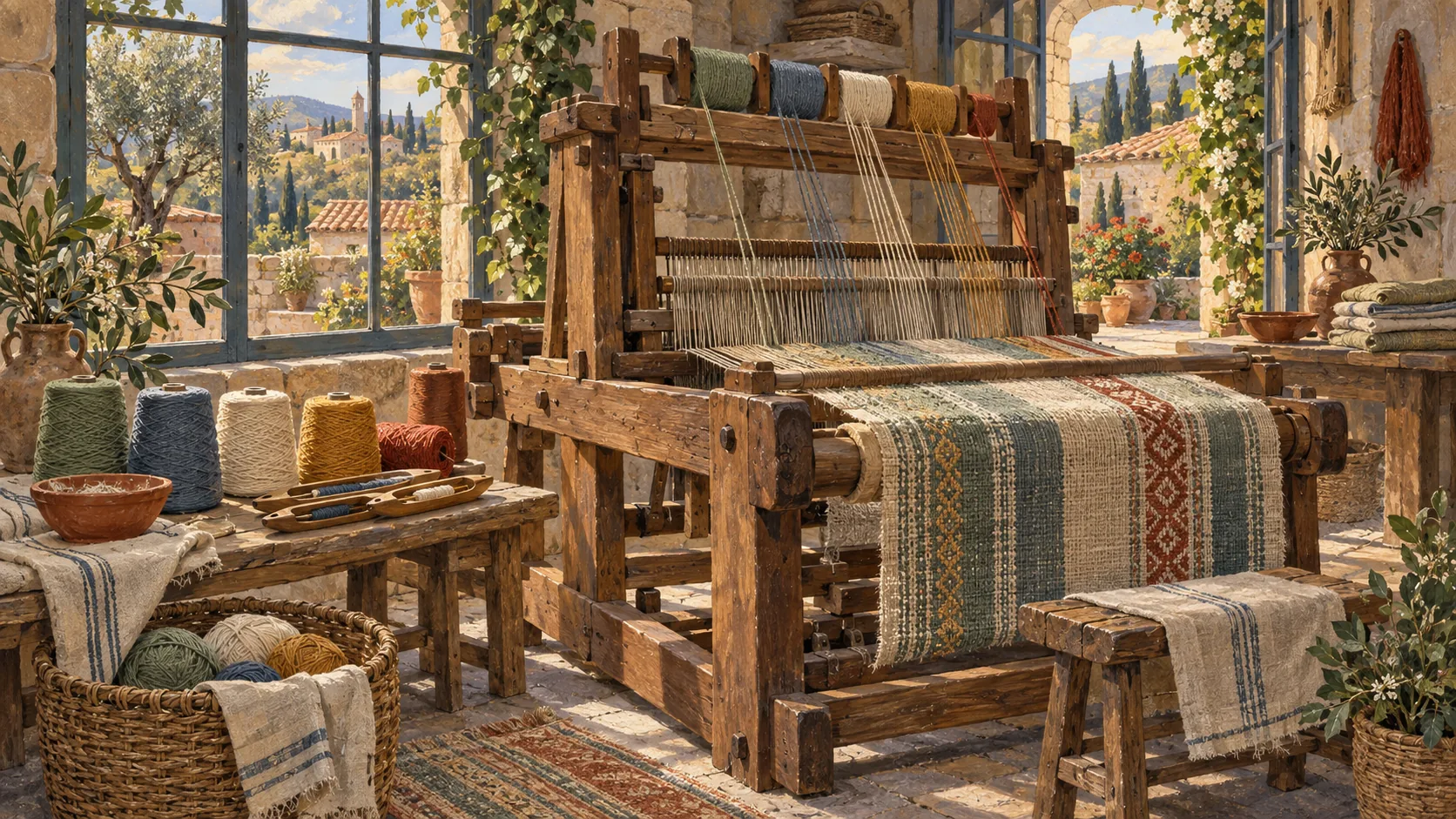 A wooden loom combines colored threads into patterned cloth, with yarn spools and folded textiles nearby.