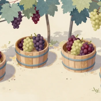 Gouache painting: on a vineyard floor four small wooden grape tubs sit in a two by two block, red and white grapes from two vineyard blocks