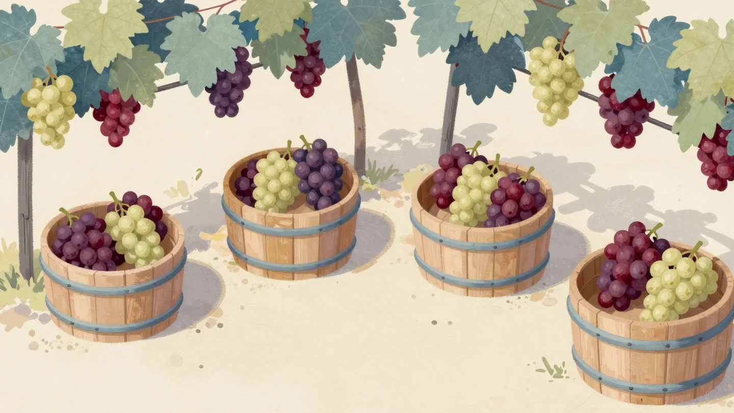 Gouache painting: on a vineyard floor four small wooden grape tubs sit in a two by two block, red and white grapes from two vineyard blocks