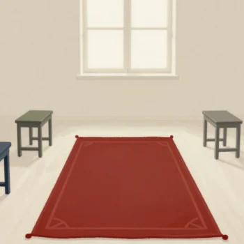 Gouache painting: in a rehearsal room, a vermilion rug strip marks the center