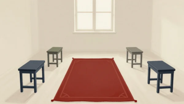 Gouache painting: in a rehearsal room, a vermilion rug strip marks the center