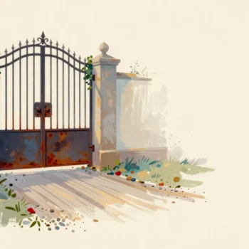 A small garden gate with a latch polished bright from use beside a grand iron gate rusted shut.