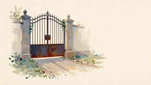 A small garden gate with a latch polished bright from use beside a grand iron gate rusted shut.