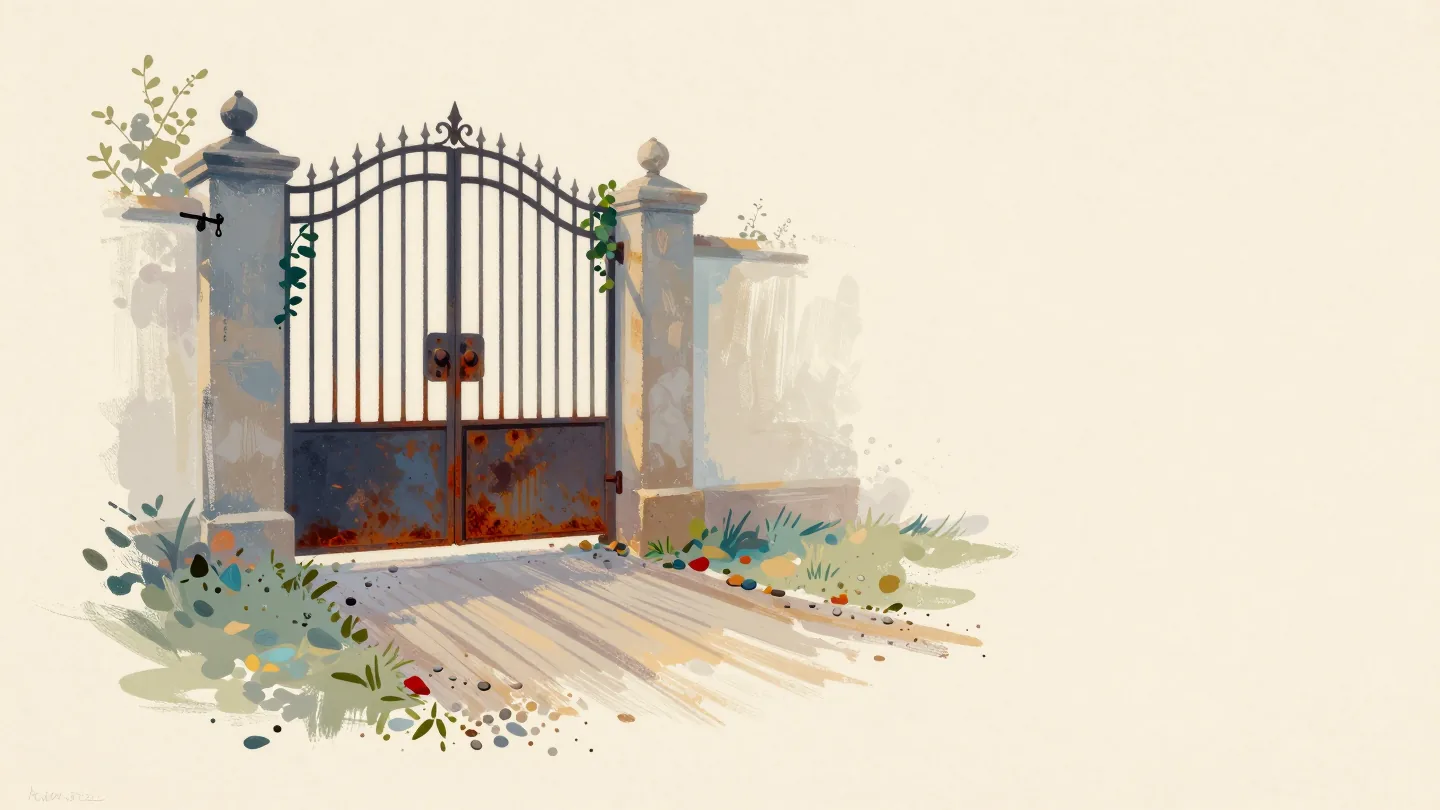 A small garden gate with a latch polished bright from use beside a grand iron gate rusted shut.