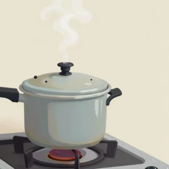 A pressure cooker on a stove releasing a thin plume of steam from its safety valve, a hand resting nearby
