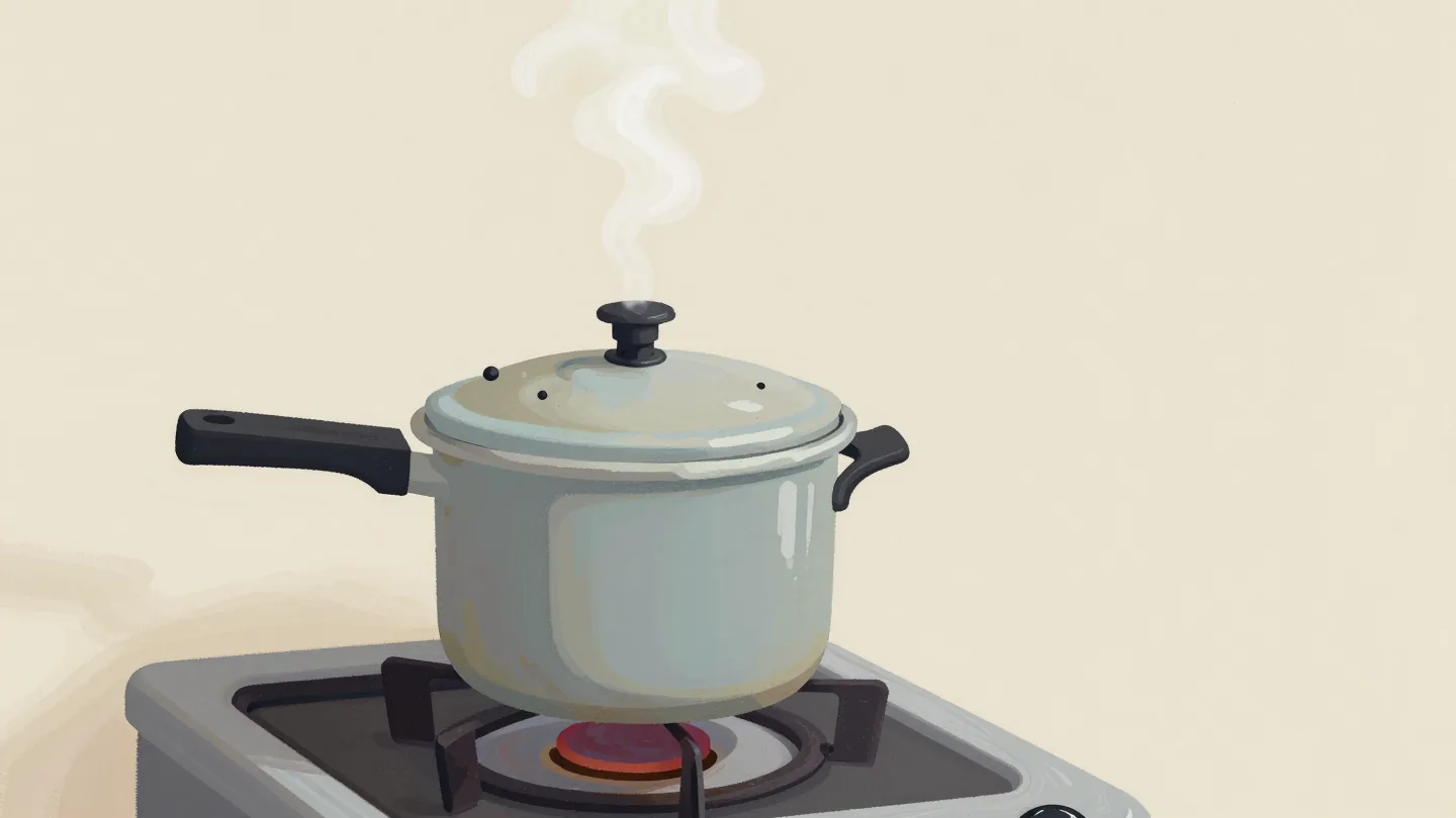 A pressure cooker on a stove releasing a thin plume of steam from its safety valve, a hand resting nearby