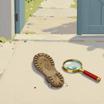 A muddy boot print on a clean stone doorstep with a brass magnifying glass resting beside it.