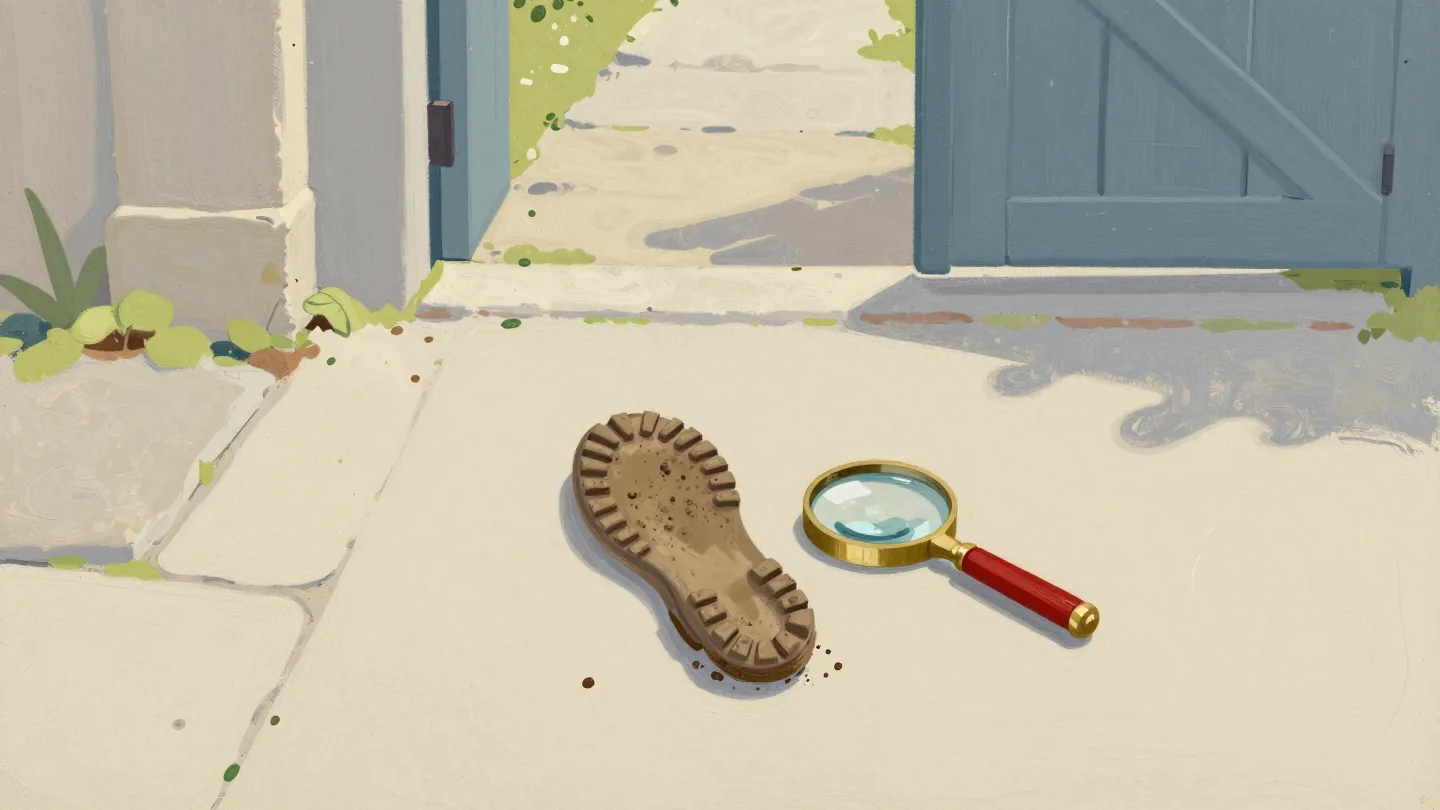 A muddy boot print on a clean stone doorstep with a brass magnifying glass resting beside it.