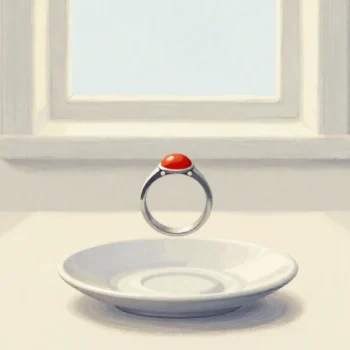 Gouache painting: beside it, the same ring hovers above an empty saucer and closes on nothing, so no match is made