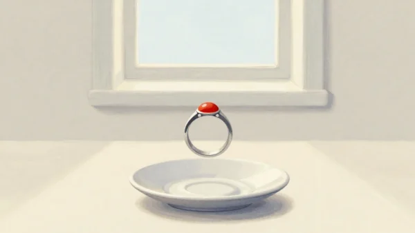 Gouache painting: beside it, the same ring hovers above an empty saucer and closes on nothing, so no match is made