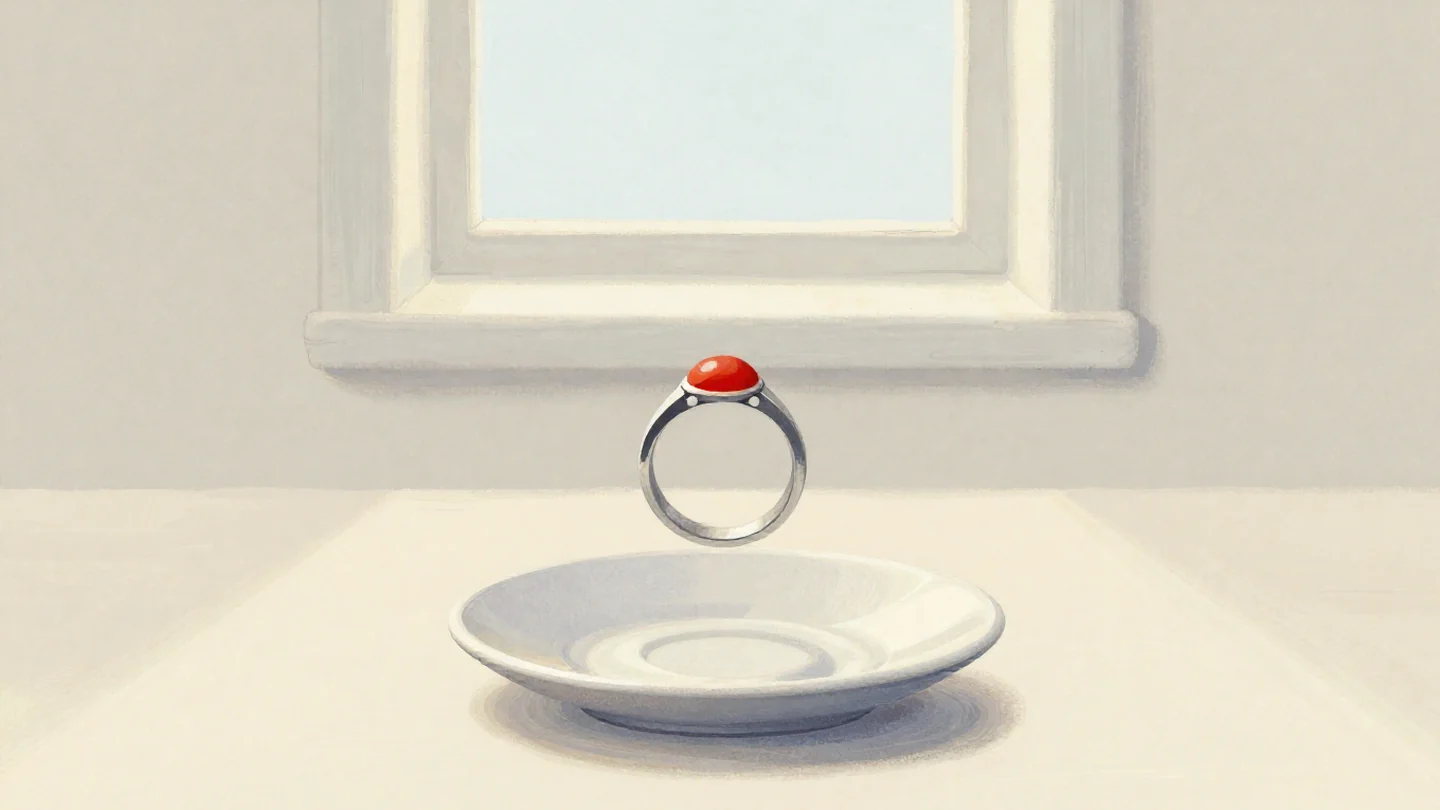 Gouache painting: beside it, the same ring hovers above an empty saucer and closes on nothing, so no match is made