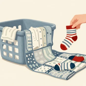Socks sorted into matched pairs on a quilt, a small pile of odd socks set apart, a hand holding up one sock.