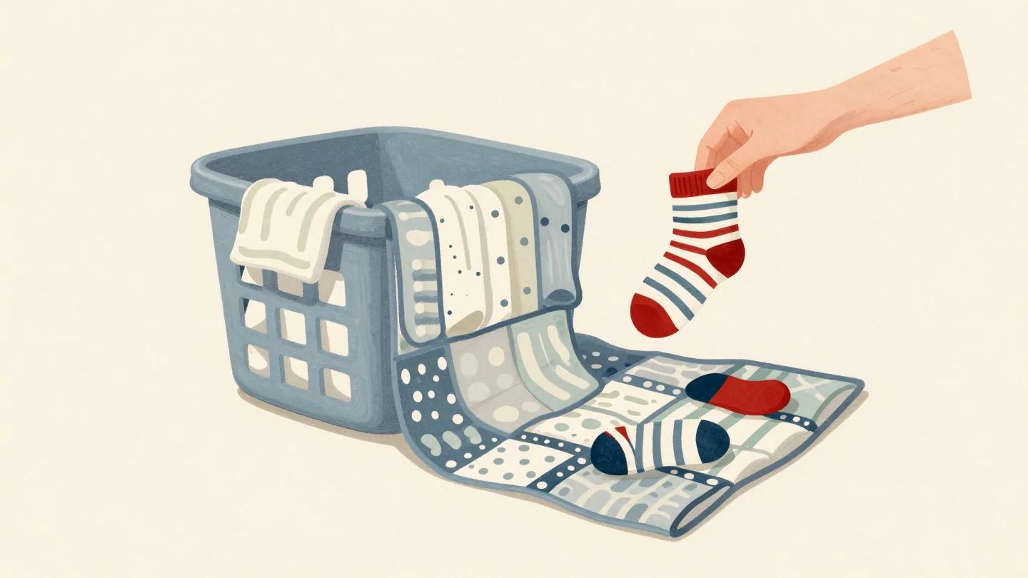 Socks sorted into matched pairs on a quilt, a small pile of odd socks set apart, a hand holding up one sock.