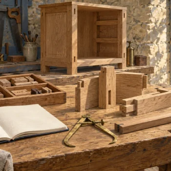 Fitted wooden parts, a brass caliper and an open blank notebook on a joinery workbench.