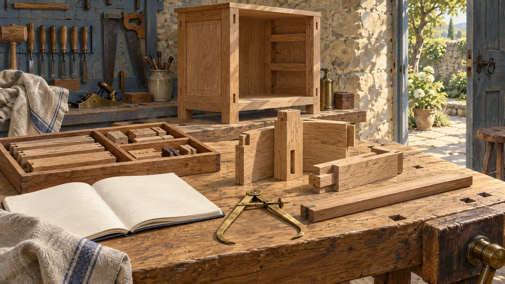 Fitted wooden parts, a brass caliper and an open blank notebook on a joinery workbench.